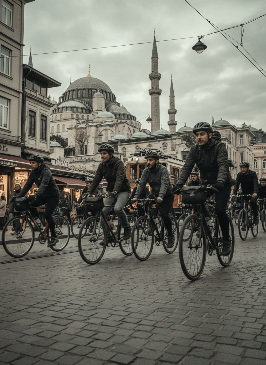 Documentary photograph of urban cyclists riding through Istanbul streets, real cycling community, candid motion blur, off-white and anthracite muted palette, premium editorial sports photography, authentic city culture, no neon