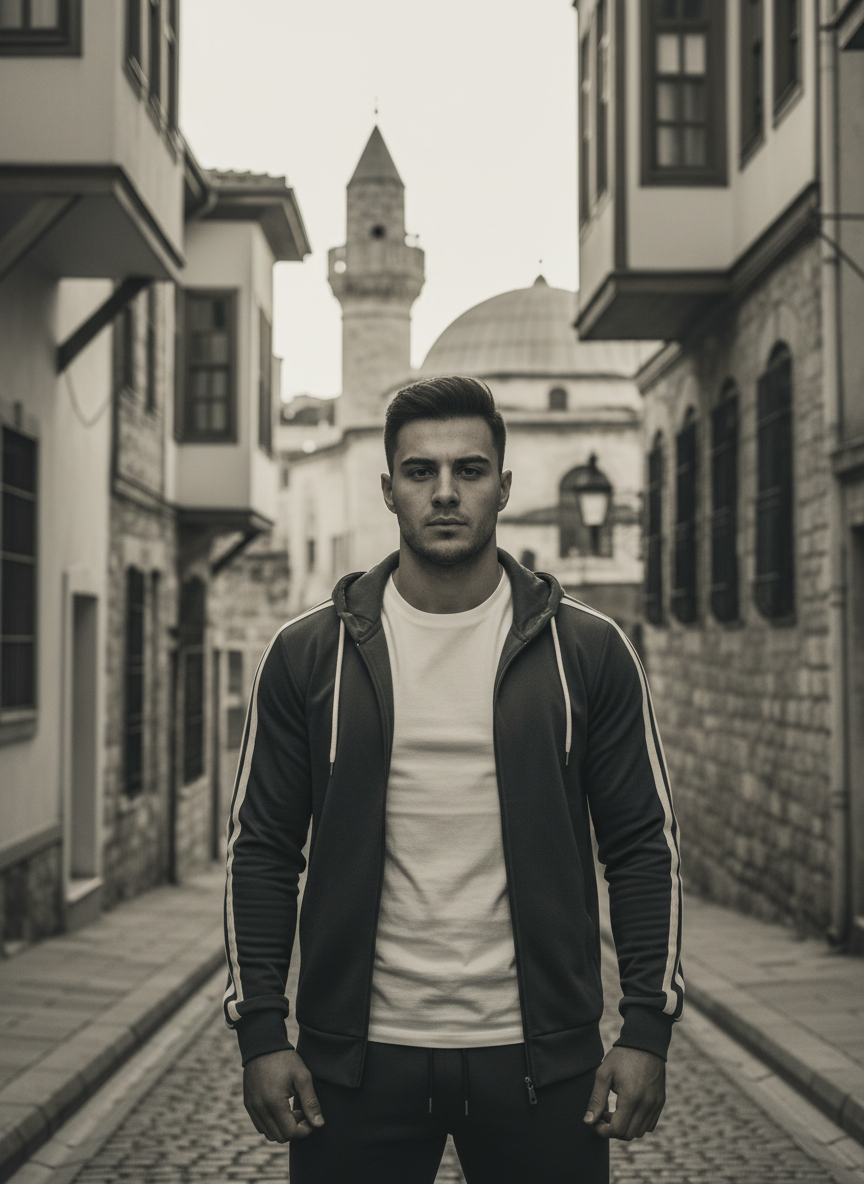 Documentary portrait of a confident young athletic community leader standing in an Istanbul urban setting, real person, direct gaze, anthracite and off-white muted palette, premium editorial portrait photography, natural light