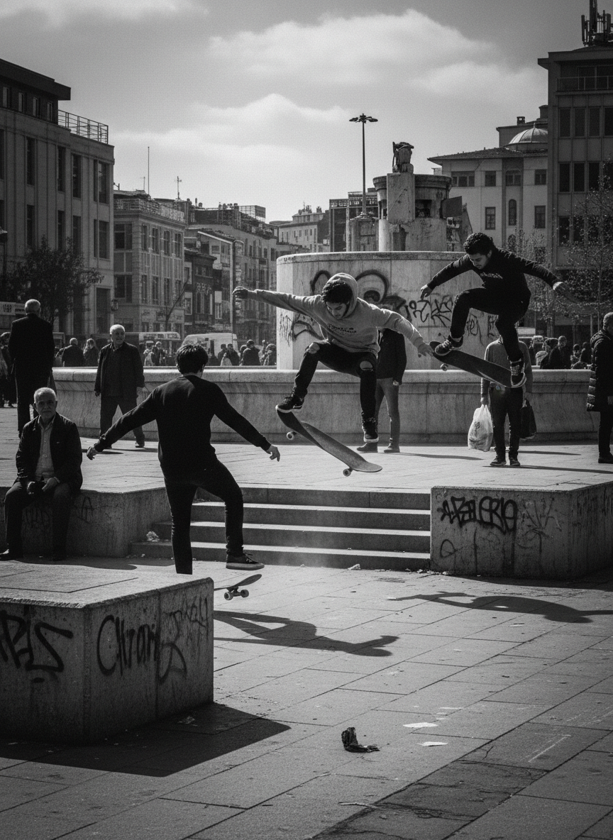 Documentary black and white photograph of skateboarders in an Istanbul urban plaza, real skate culture, candid motion, anthracite tones, gritty editorial street photography, no neon