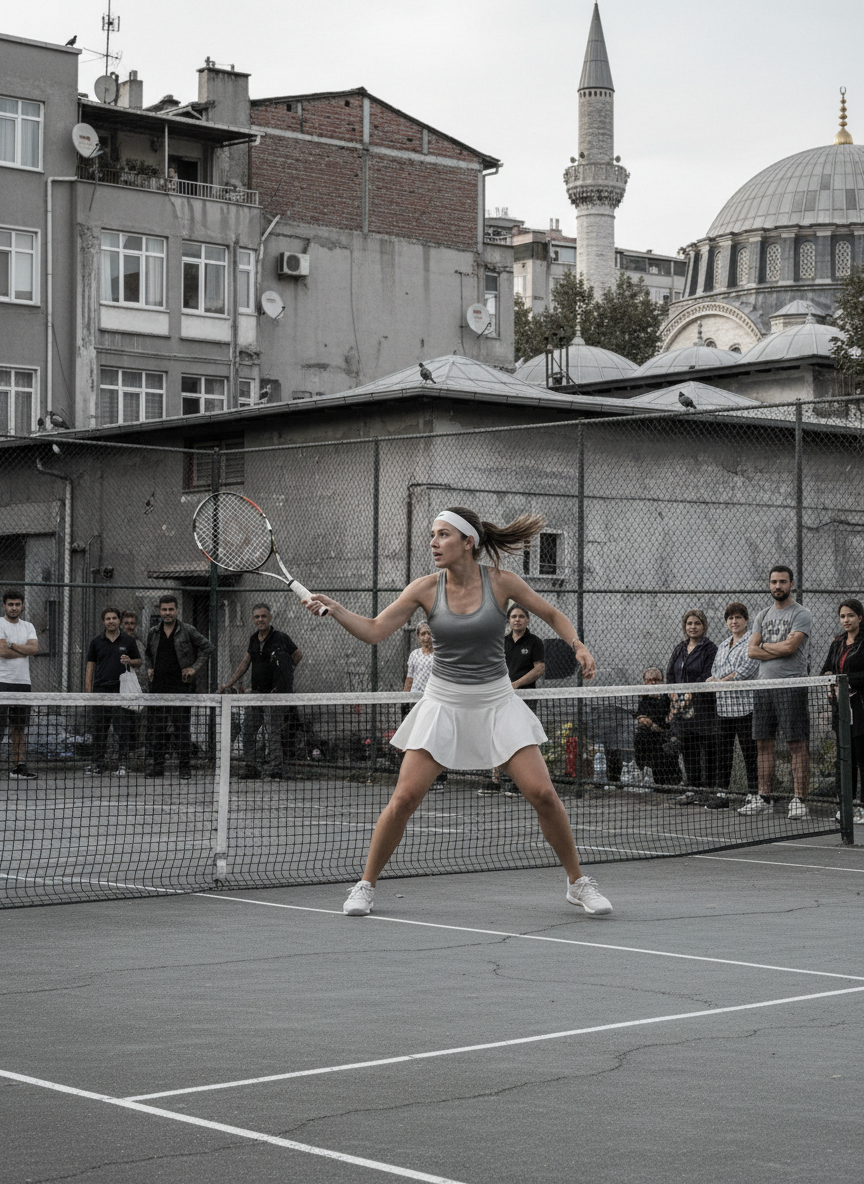 Documentary photograph of a tennis player on an urban Istanbul court, candid athletic moment, metallic gray and off-white tones, editorial sports photography, natural light, authentic community sport feel